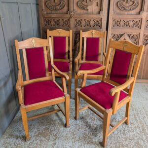 Well Made Mid-Century Oak Red Upholstered Clergy Chairs