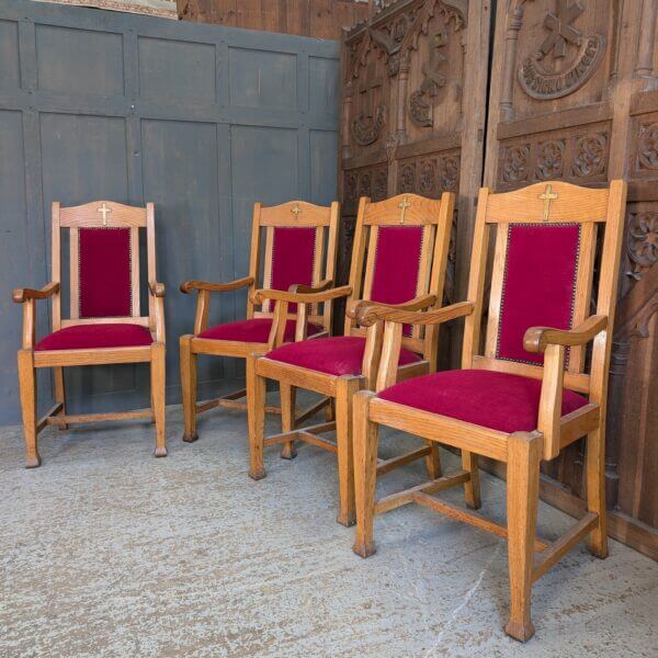 Well Made Mid-Century Oak Red Upholstered Clergy Chairs