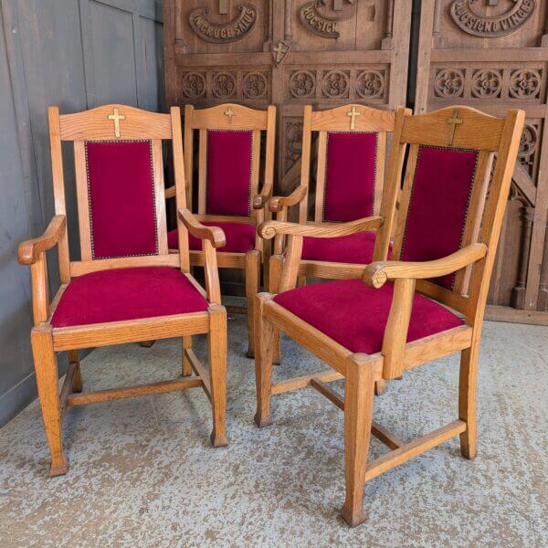 Well Made Mid-Century Oak Red Upholstered Clergy Chairs