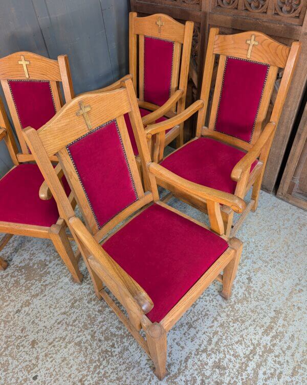 Well Made Mid-Century Oak Red Upholstered Clergy Chairs