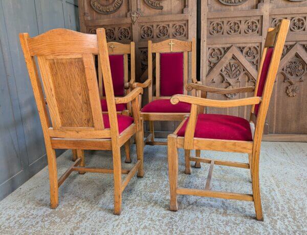 Well Made Mid-Century Oak Red Upholstered Clergy Chairs