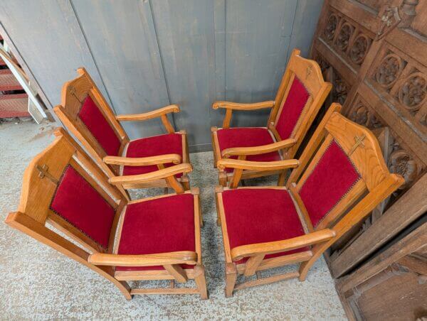 Well Made Mid-Century Oak Red Upholstered Clergy Chairs