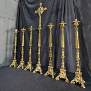 Elegant Smaller Size Heavy Brass 'Big Six' Set of Candlesticks & Sunburst Crucifix