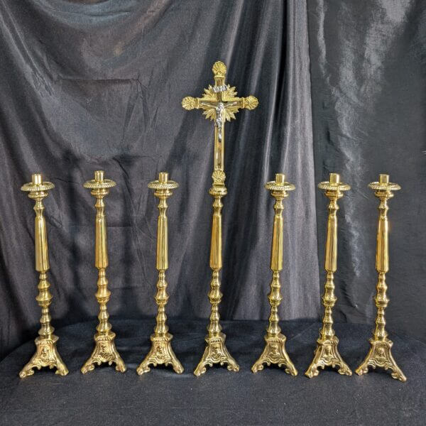 Elegant Smaller Size Heavy Brass 'Big Six' Set of Candlesticks & Sunburst Crucifix