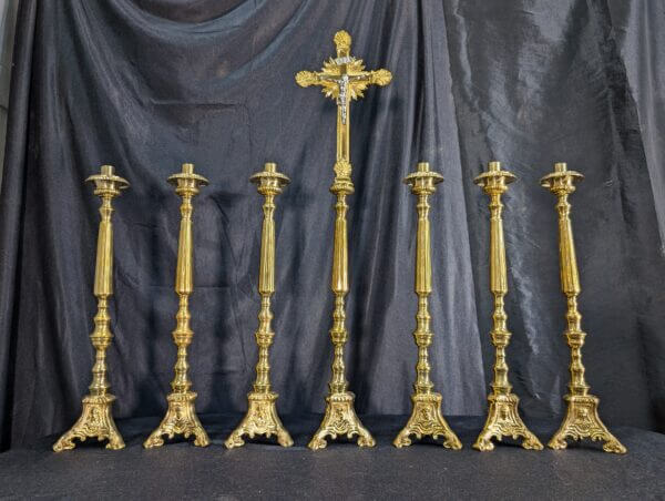 Elegant Smaller Size Heavy Brass 'Big Six' Set of Candlesticks & Sunburst Crucifix