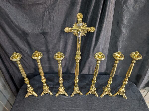 Elegant Smaller Size Heavy Brass 'Big Six' Set of Candlesticks & Sunburst Crucifix