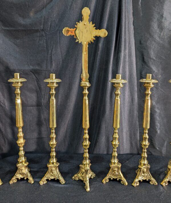 Elegant Smaller Size Heavy Brass 'Big Six' Set of Candlesticks & Sunburst Crucifix