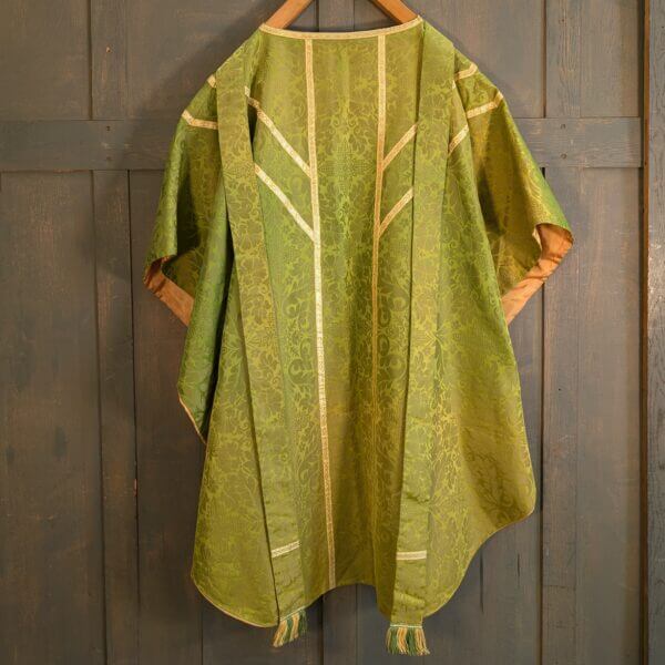 Graduated Green Damask Silk Classic Chasuble with Stole Maniple Burse & Veil 'Y' Design Gold Orphreys