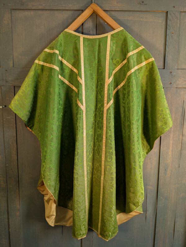 Graduated Green Damask Silk Classic Chasuble with Stole Maniple Burse & Veil 'Y' Design Gold Orphreys