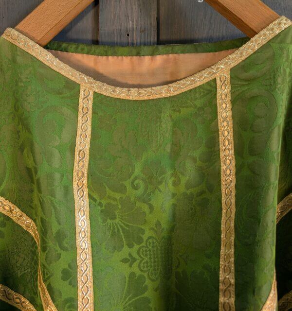 Graduated Green Damask Silk Classic Chasuble with Stole Maniple Burse & Veil 'Y' Design Gold Orphreys