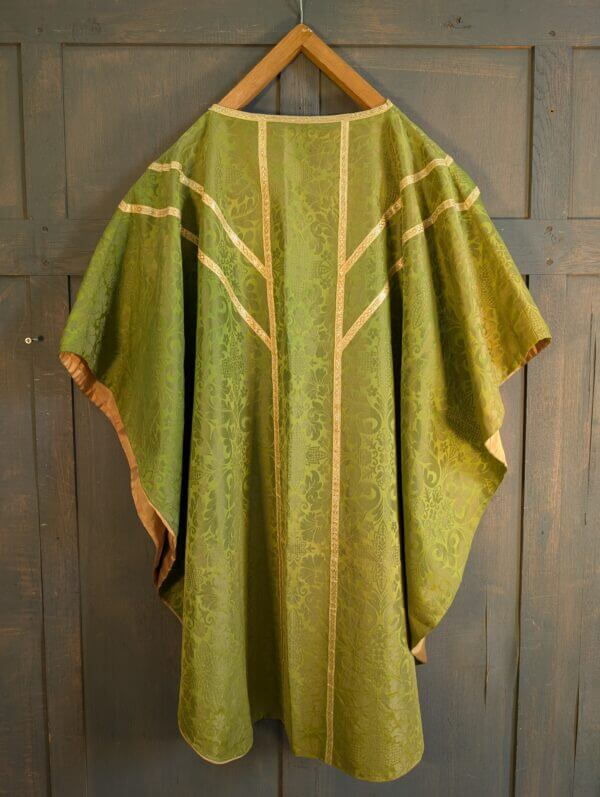 Graduated Green Damask Silk Classic Chasuble with Stole Maniple Burse & Veil 'Y' Design Gold Orphreys