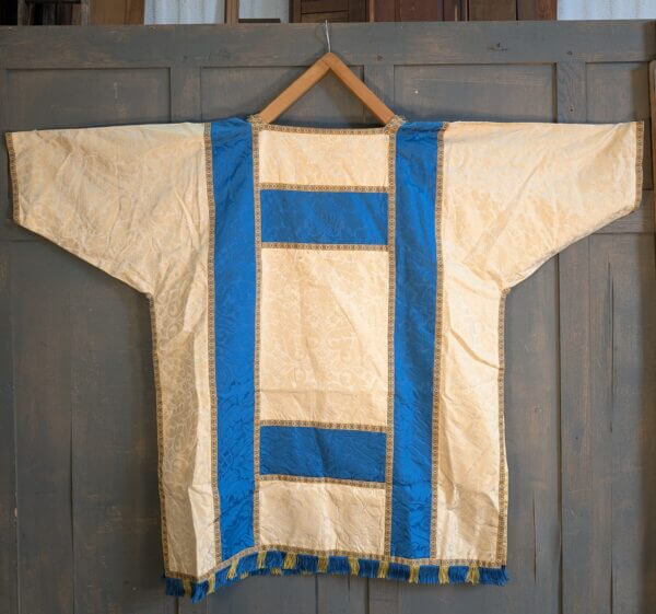 Vintage Blue & Cream Damask Silk Dalmatic with Cords Tassels & Deacon's Stole