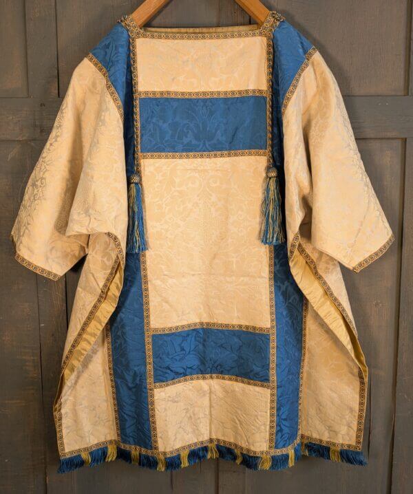 Vintage Blue & Cream Damask Silk Dalmatic with Cords Tassels & Deacon's Stole