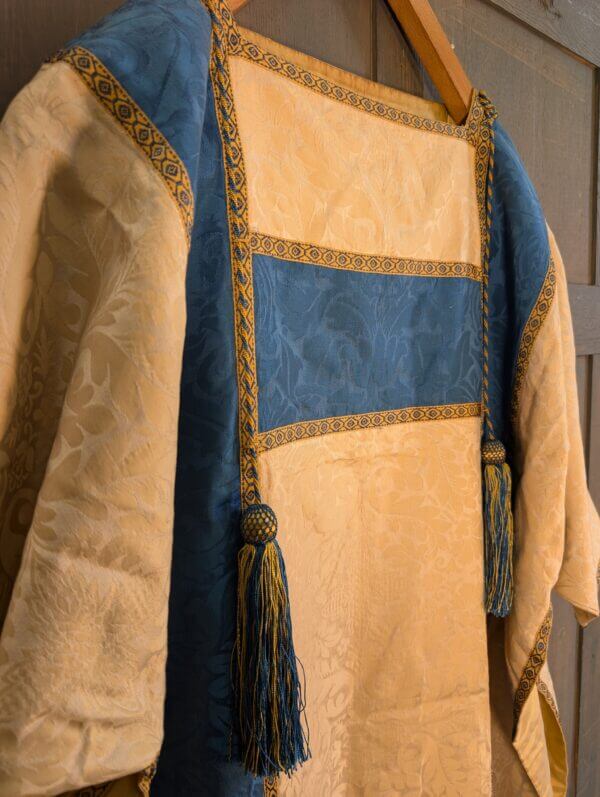 Vintage Blue & Cream Damask Silk Dalmatic with Cords Tassels & Deacon's Stole