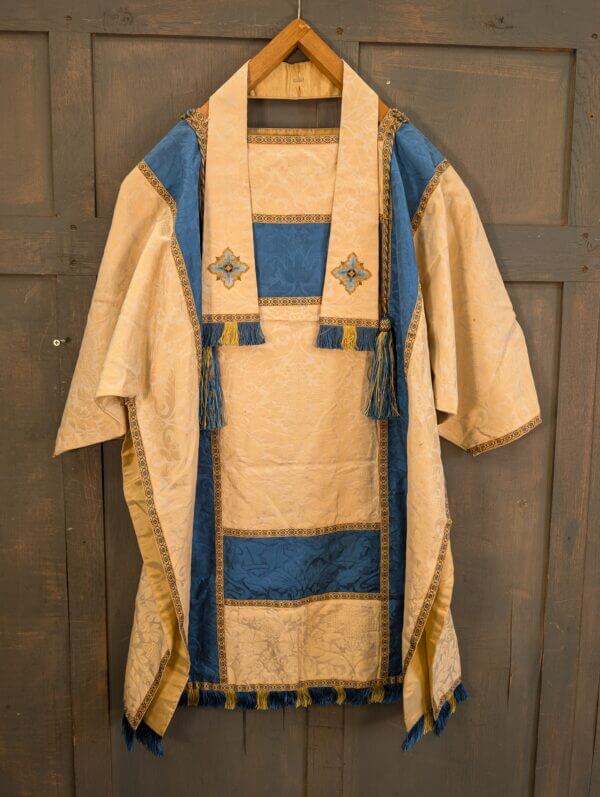 Vintage Blue & Cream Damask Silk Dalmatic with Cords Tassels & Deacon's Stole