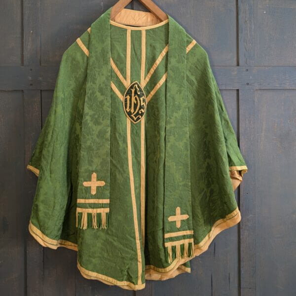 Fine Vintage Damask Silk 'IHS' Green & Gold Orphrey Chasuble with Stole Maniple Burse & Veil