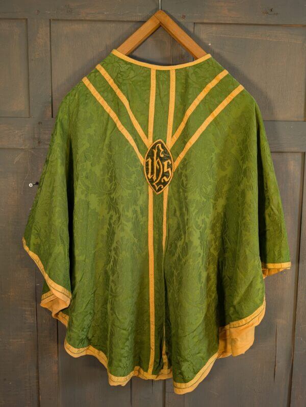 Fine Vintage Damask Silk 'IHS' Green & Gold Orphrey Chasuble with Stole Maniple Burse & Veil