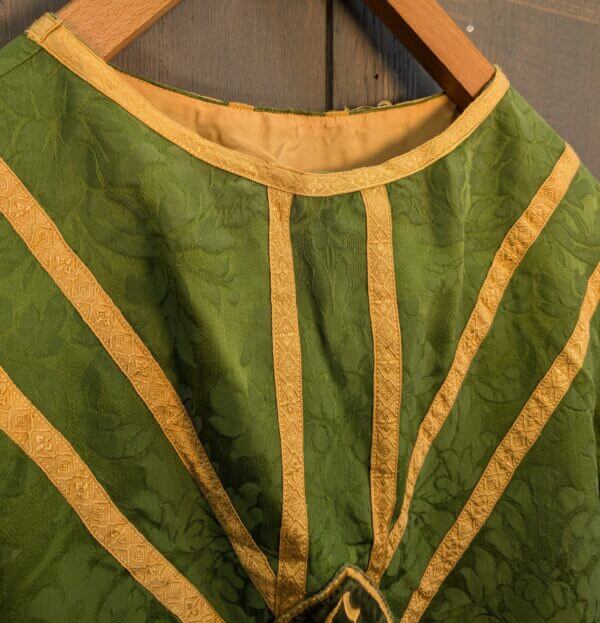 Fine Vintage Damask Silk 'IHS' Green & Gold Orphrey Chasuble with Stole Maniple Burse & Veil