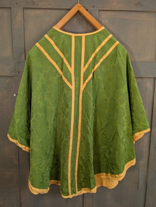 Fine Vintage Damask Silk 'IHS' Green & Gold Orphrey Chasuble with Stole Maniple Burse & Veil