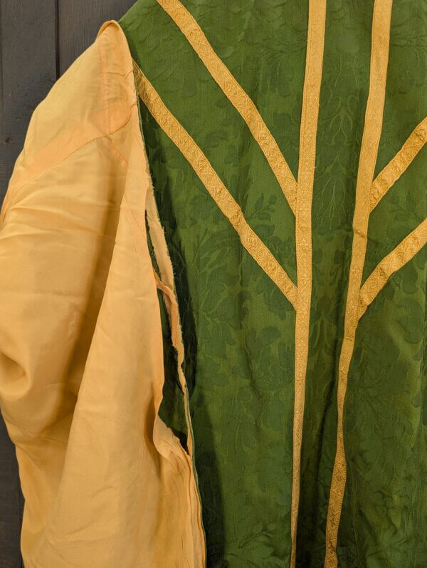 Fine Vintage Damask Silk 'IHS' Green & Gold Orphrey Chasuble with Stole Maniple Burse & Veil