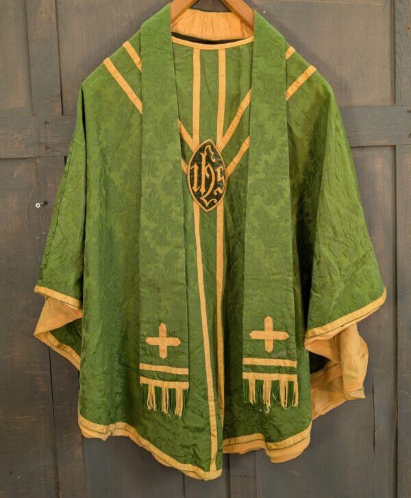 Fine Vintage Damask Silk 'IHS' Green & Gold Orphrey Chasuble with Stole Maniple Burse & Veil