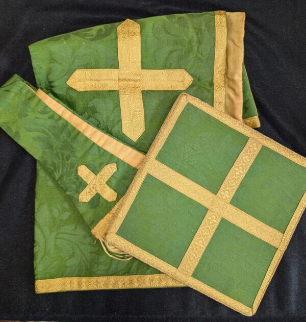 Fine Vintage Damask Silk 'IHS' Green & Gold Orphrey Chasuble with Stole Maniple Burse & Veil