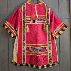 Spectacular Red Damask Silk Dalmatic with Two Bars Deacon's Stole & Fringing