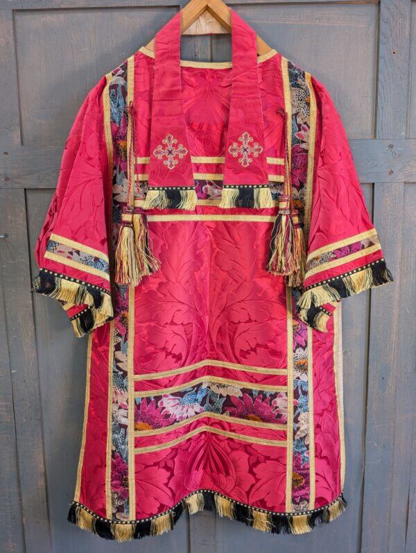 Spectacular Red Damask Silk Dalmatic with Two Bars Deacon's Stole & Fringing