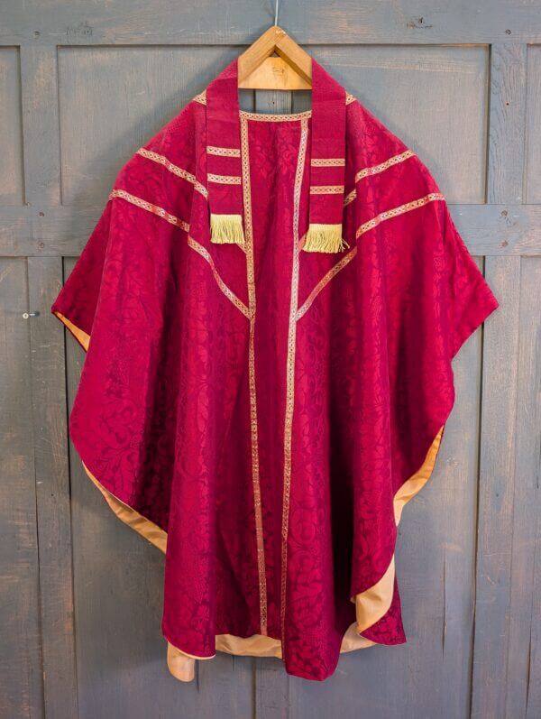 Lovely Red Silk Damask Chasuble with Gold Orphreys Maniple Burse & Stole