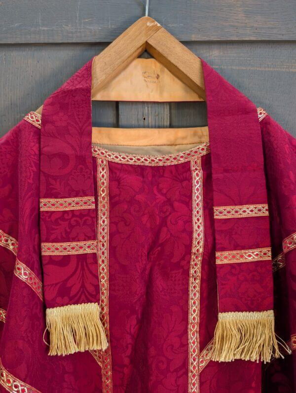 Lovely Red Silk Damask Chasuble with Gold Orphreys Maniple Burse & Stole