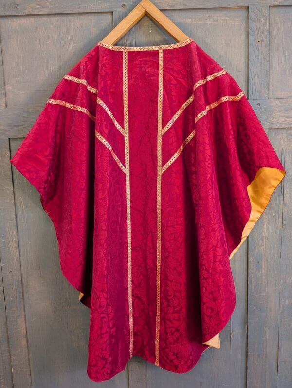 Lovely Red Silk Damask Chasuble with Gold Orphreys Maniple Burse & Stole