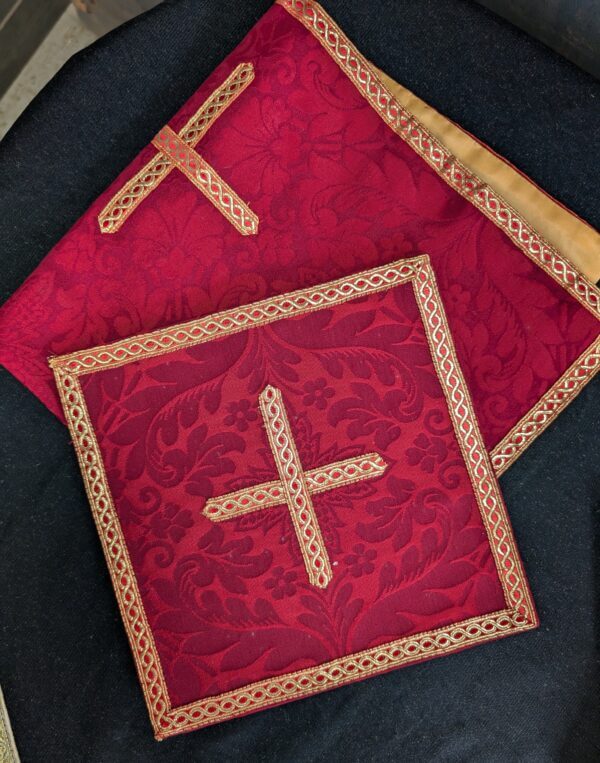 Lovely Red Silk Damask Chasuble with Gold Orphreys Maniple Burse & Stole