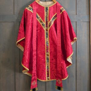 Beautiful Vintage Red Silk Chasuble with Floral Orphreys Stole etc