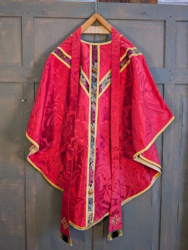 Beautiful Vintage Red Silk Chasuble with Floral Orphreys Stole etc