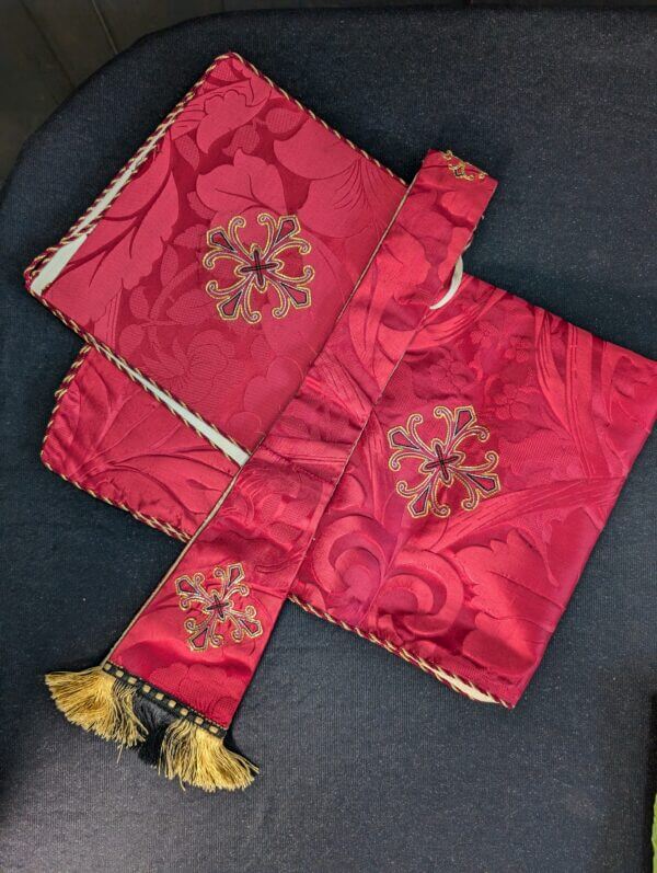 Beautiful Vintage Red Silk Chasuble with Floral Orphreys Stole etc