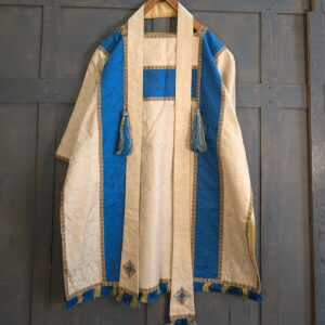 Blue & Cream Damask Silk Dalmatic with Yellow Blue Orphreys 'H' Design Tassels Stole & Maniple