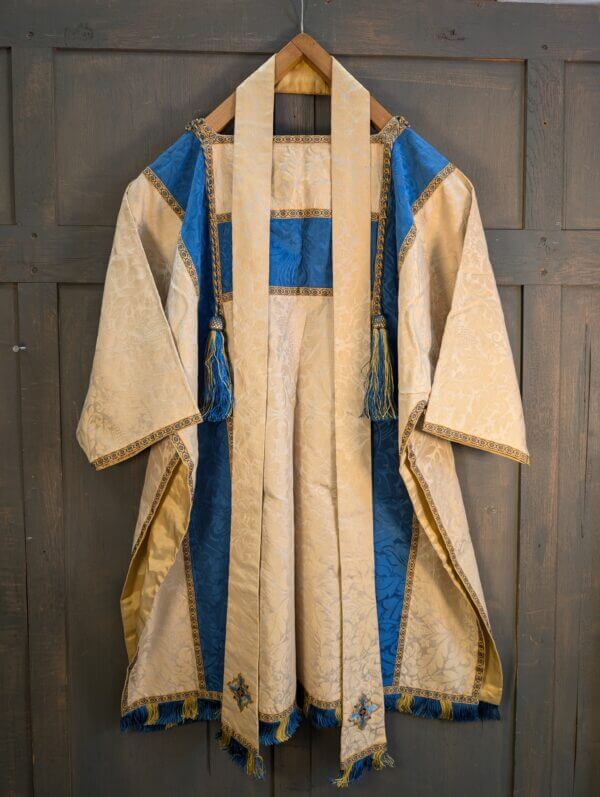 Blue & Cream Damask Silk Dalmatic with Yellow Blue Orphreys 'H' Design Tassels Stole & Maniple