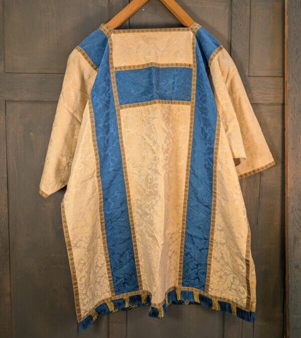 Blue & Cream Damask Silk Dalmatic with Yellow Blue Orphreys 'H' Design Tassels Stole & Maniple