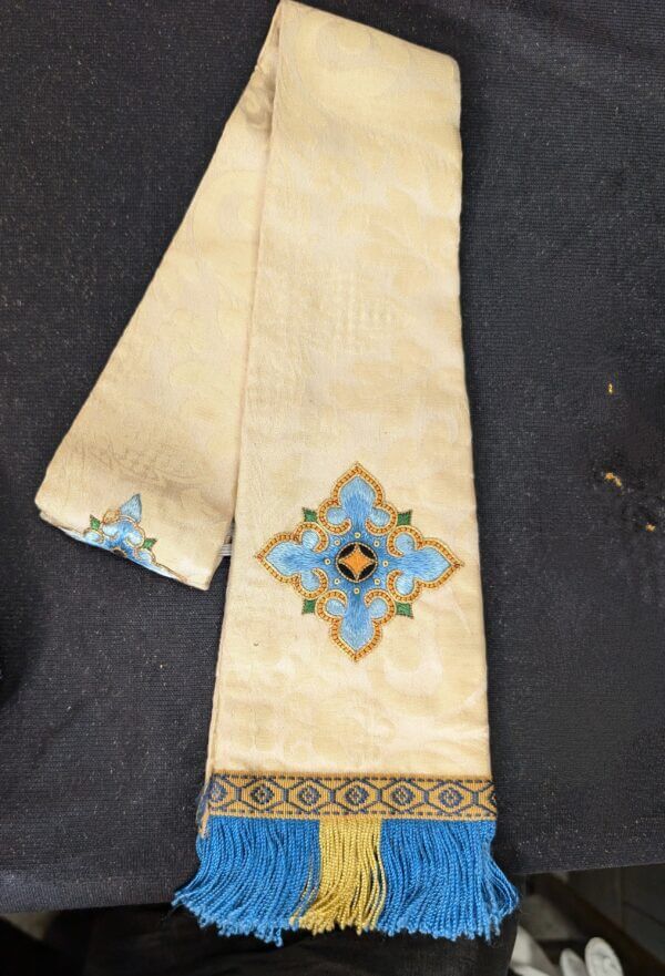 Blue & Cream Damask Silk Dalmatic with Yellow Blue Orphreys 'H' Design Tassels Stole & Maniple