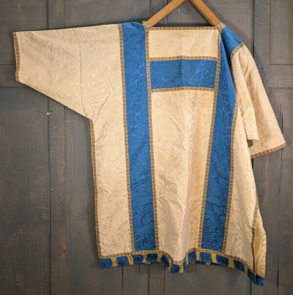 Blue & Cream Damask Silk Dalmatic with Yellow Blue Orphreys 'H' Design Tassels Stole & Maniple