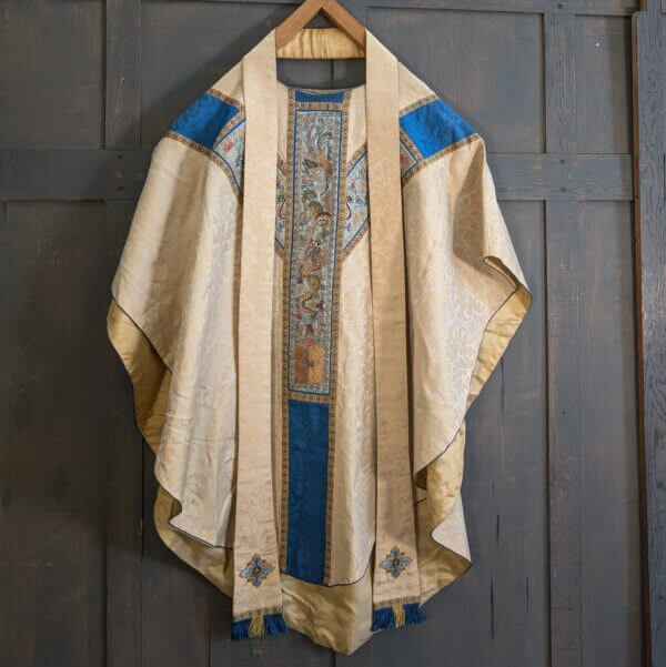 Very Good Quality Beautiful Vintage Blue & Cream Chasuble with Broad Chinese Design Orphreys