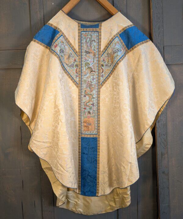 Very Good Quality Beautiful Vintage Blue & Cream Chasuble with Broad Chinese Design Orphreys