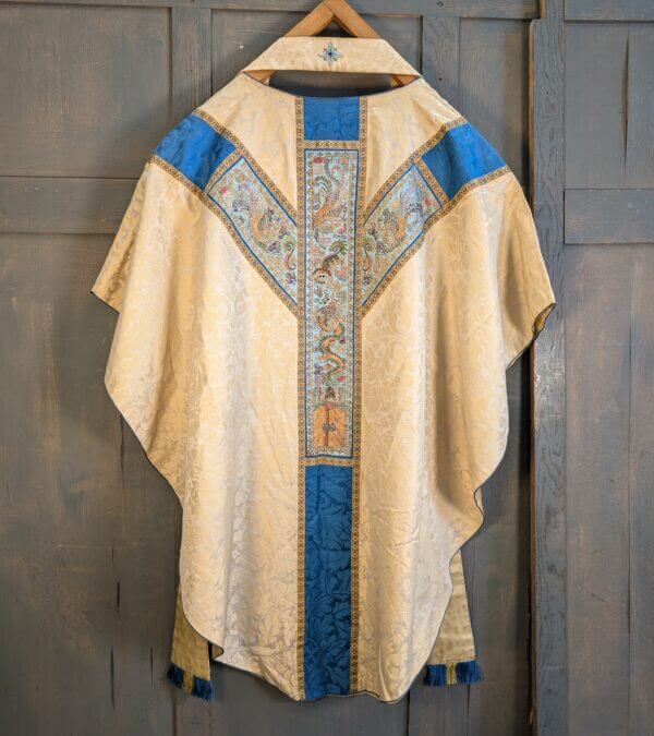 Very Good Quality Beautiful Vintage Blue & Cream Chasuble with Broad Chinese Design Orphreys