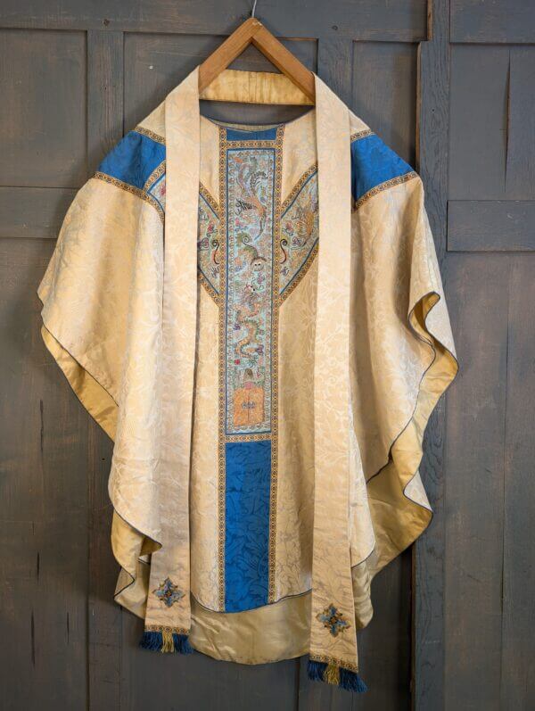 Very Good Quality Beautiful Vintage Blue & Cream Chasuble with Broad Chinese Design Orphreys