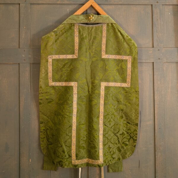 1940's Vintage 'Cross' Roman Chasuble in Green Damask Silk with Stole