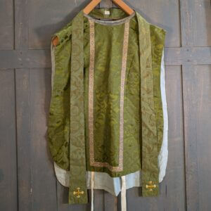 1940's Vintage 'Cross' Roman Chasuble in Green Damask Silk with Stole