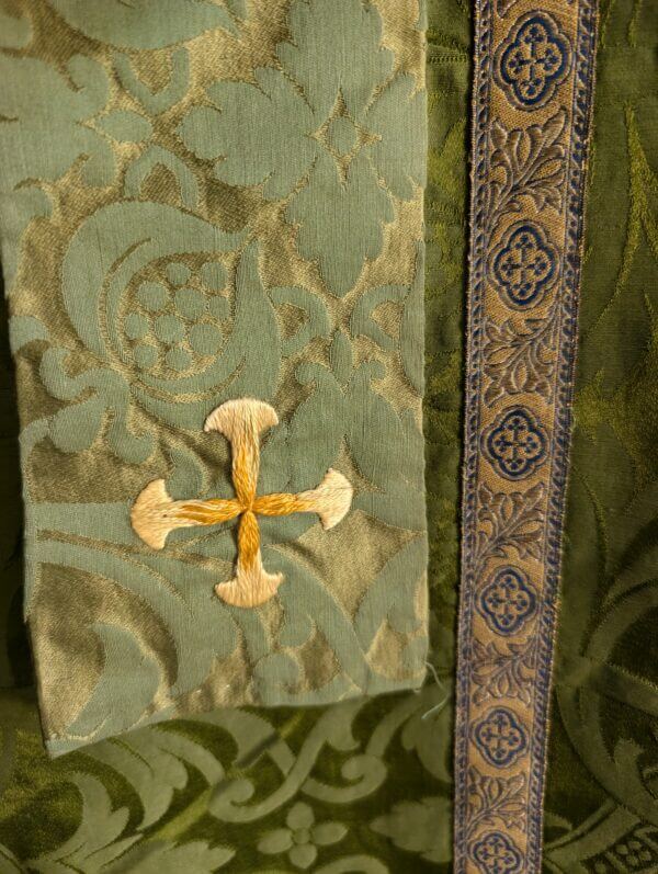 1940's Vintage 'Cross' Roman Chasuble in Green Damask Silk with Stole