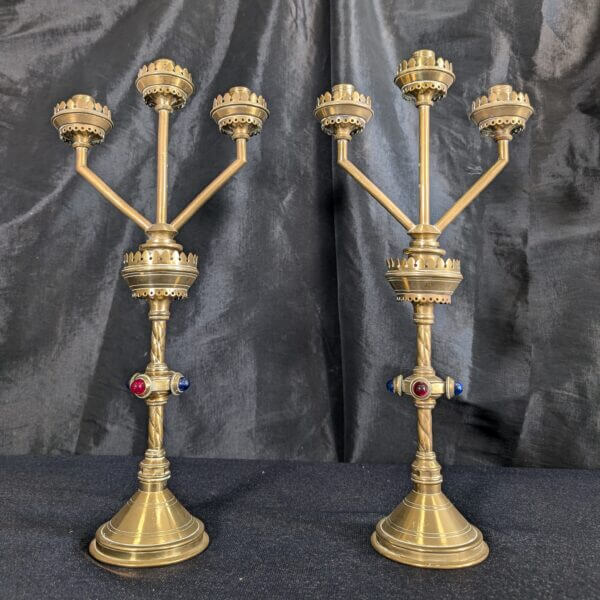 Hart Son Peard & Co C1880 Pair of Gothic Revival Three Branch Church Candelabra