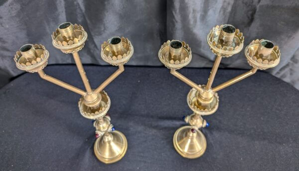 Hart Son Peard & Co C1880 Pair of Gothic Revival Three Branch Church Candelabra