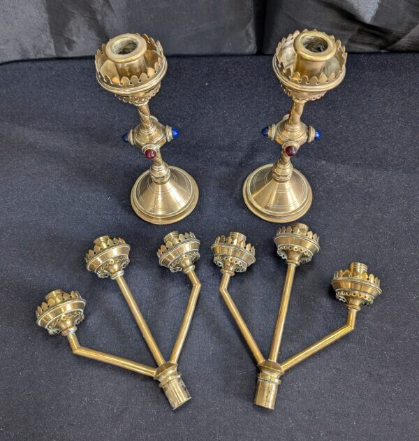 Hart Son Peard & Co C1880 Pair of Gothic Revival Three Branch Church Candelabra